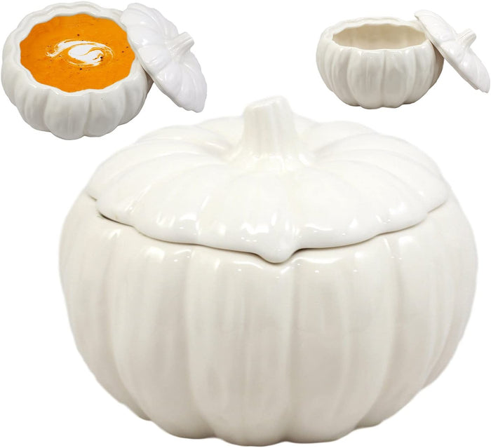 Ebros Ceramic Stoneware White Harvest Pumpkin Bowl With Lid 6"Diameter X 2Pieces
