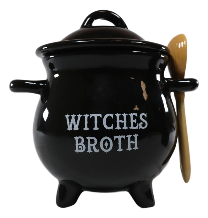 Ebros Ceramic Wicca Black Cauldron Dipping Condiment Bowl Mug With Broom Spoon