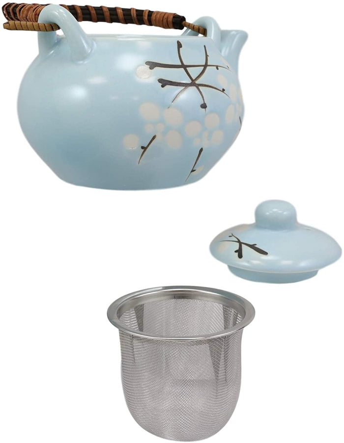 Ebros Cherry Blossom Sakura Pastel Sky Blue Ceramic Tea Pot And Cups Set For 2