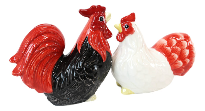 Ebros Chicken Black Rooster And White Hen Magnetic Salt And Pepper Shakers Set