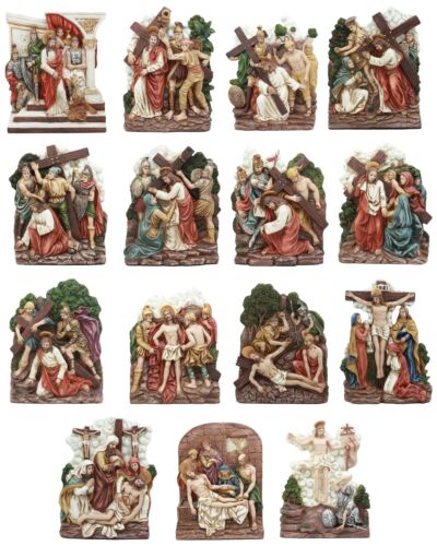 Ebros Christian Catholic Stations of The Cross Statue Way of The Sorrows Via Crucis Jesus Christ Path to Calvary Crucifixion Decor Figurine (15 Stations of The Cross Set)