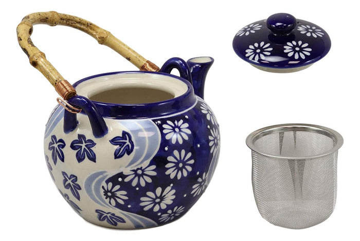 Ebros Chrysanthemum Autumn Colorful Large Floral Blooms 25oz Tea Pot With 4 Cups Set