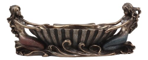 Ebros Coastal Decor Two Mermaids Soap Dish Figurine 9.75"Long Twin Mermaids With Oyster Shell Jewelry Dish