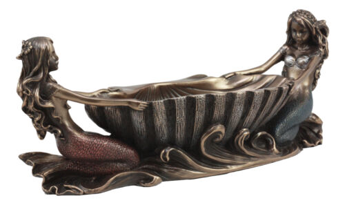 Ebros Coastal Decor Two Mermaids Soap Dish Figurine 9.75"Long Twin Mermaids With Oyster Shell Jewelry Dish