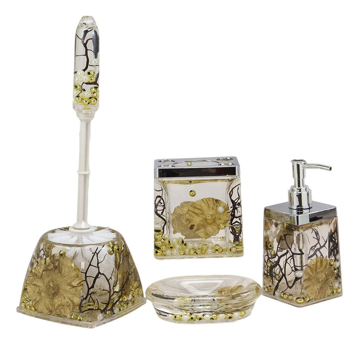 Ebros Coastal Pearls Shells Liquid 3D Floating Motion Bathroom Gift Set 5 Pc Toothbrush Toothpaste Holder Soap Dish Toilet Brush & Base And Hand Sanitizer Dispenser (Fancy Gold)