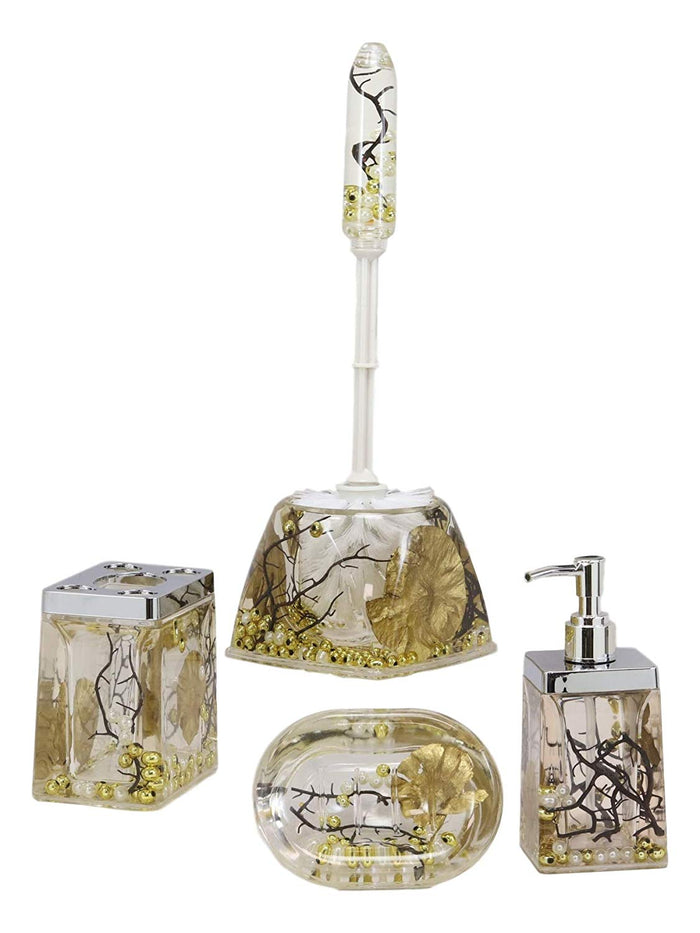 Ebros Coastal Pearls Shells Liquid 3D Floating Motion Bathroom Gift Set 5 Pc Toothbrush Toothpaste Holder Soap Dish Toilet Brush & Base And Hand Sanitizer Dispenser (Fancy Gold)