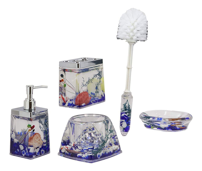 Ebros Coastal Pearls Shells Liquid 3D Floating Motion Bathroom Gift Set 5 Pc Toothbrush Toothpaste Holder Soap Dish Toilet Brush & Base And Hand Sanitizer Dispenser (Ocean Blue)