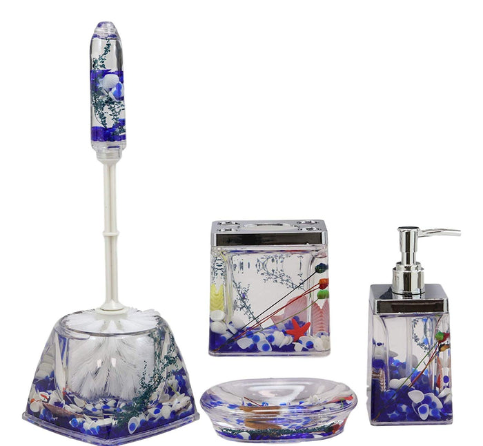Ebros Coastal Pearls Shells Liquid 3D Floating Motion Bathroom Gift Set 5 Pc Toothbrush Toothpaste Holder Soap Dish Toilet Brush & Base And Hand Sanitizer Dispenser (Ocean Blue)