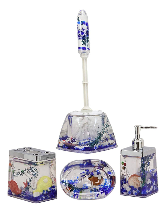 Ebros Coastal Pearls Shells Liquid 3D Floating Motion Bathroom Gift Set 5 Pc Toothbrush Toothpaste Holder Soap Dish Toilet Brush & Base And Hand Sanitizer Dispenser (Ocean Blue)