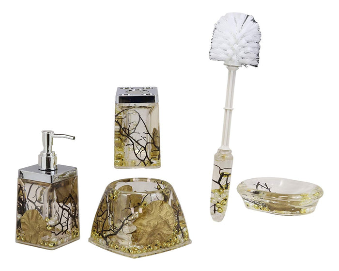 Ebros Coastal Pearls Shells Liquid 3D Floating Motion Bathroom Gift Set 5 Pc Toothbrush Toothpaste Holder Soap Dish Toilet Brush & Base And Hand Sanitizer Dispenser (Fancy Gold)