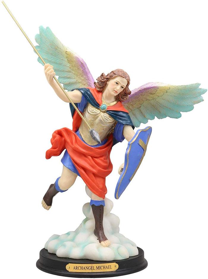 Ebros Colorful Archangel Saint Michael Throwing Javelin Spear Statue 10" Tall Champion Angel Of God Guardian Of The Church Battle Of Armageddon Decor Altar Figurine