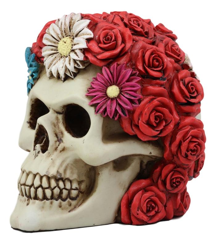 Ebros Colorful Floral Day Of The Dead Sugar Skull With Red Roses Hair Adornment Statue 5.5" Long Colorful Resin Figurine Skeleton Cranium Dia De Muertos Calacas De DAMA As Gothic Decor Sculpture