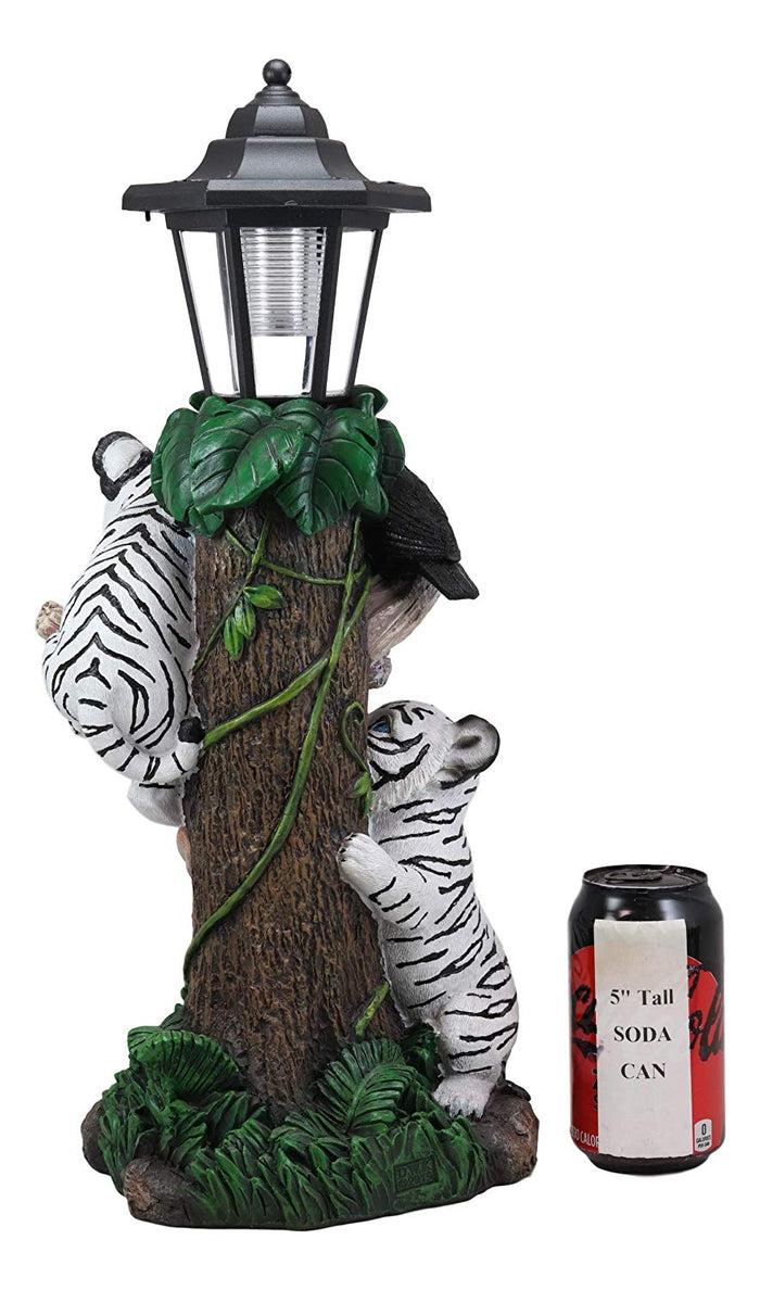 Ebros Colorful Jungle Frolick Climbing Tiger Cubs Chasing Toucan Bird With Welcome Sign And LED Solar Lantern Outpost Statue 18.5" Tall Path Lighter Patio Garden Home Decor Figurine (White Siberian)