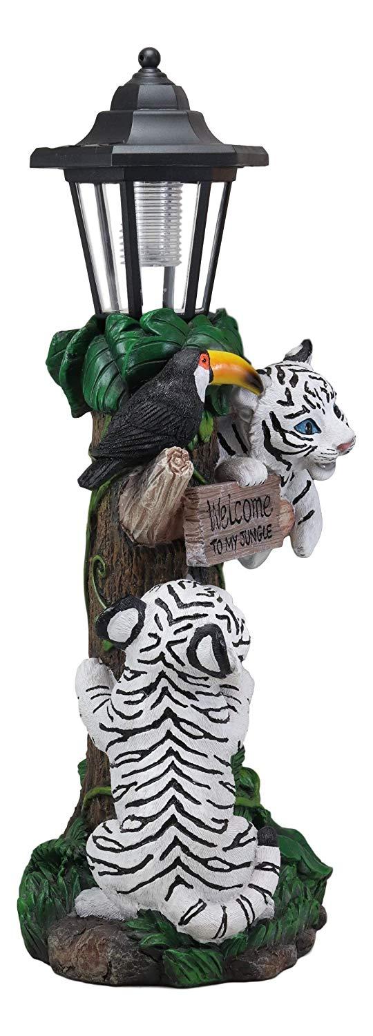Ebros Colorful Jungle Frolick Climbing Tiger Cubs Chasing Toucan Bird With Welcome Sign And LED Solar Lantern Outpost Statue 18.5" Tall Path Lighter Patio Garden Home Decor Figurine (White Siberian)