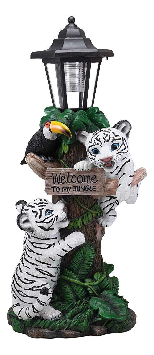 Ebros Colorful Jungle Frolick Climbing Tiger Cubs Chasing Toucan Bird With Welcome Sign And LED Solar Lantern Outpost Statue 18.5" Tall Path Lighter Patio Garden Home Decor Figurine (White Siberian)
