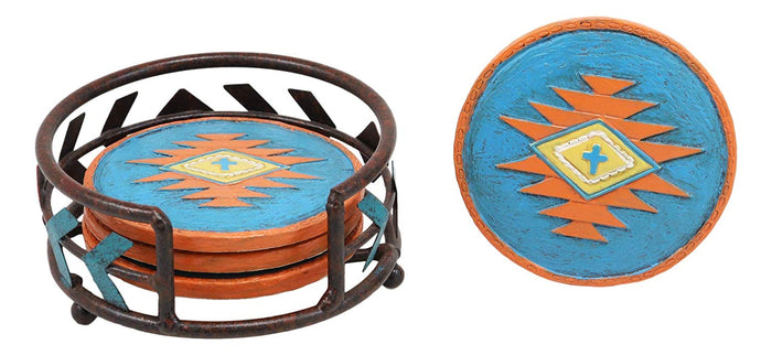 Ebros Colorful Western Native American Cross Design Holder W/ 4 Round Coasters