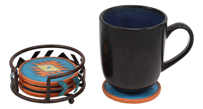 Ebros Colorful Western Native American Cross Design Holder W/ 4 Round Coasters