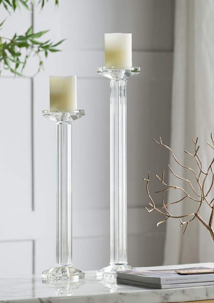 Ebros Contemporary Crystal Glass Pillar Column Candle Holder Candlestick Candleholder Decor Figurine For Mantelpiece Countertop Table Master Bedroom Living Room Accent (21.5" High)