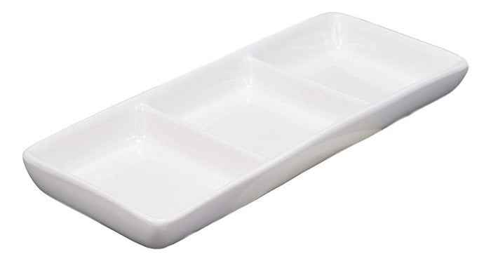 Ebros Contemporary White Porcelain Condiments Ketchup BBQ Soy Sauce Dipping Bowl Or Dish With Dividers 3 Partition Compartments Pack Of 6