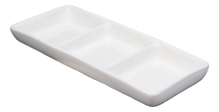 Ebros Contemporary White Porcelain Condiments Ketchup BBQ Soy Sauce Dipping Bowl Or Dish With Dividers 3 Partition Compartments Pack Of 6