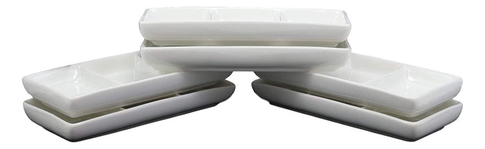 Ebros Contemporary White Porcelain Condiments Ketchup BBQ Soy Sauce Dipping Bowl Or Dish With Dividers 3 Partition Compartments Pack Of 6