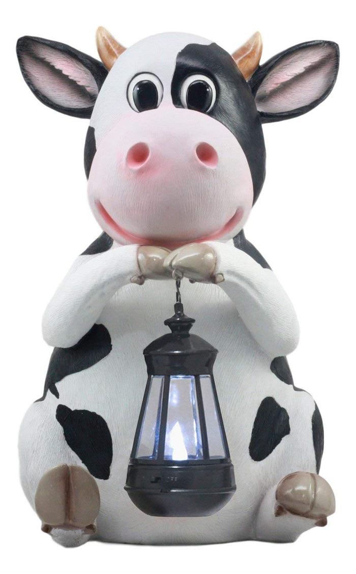 Ebros Country Farm Whimsical Holstein Cow Statue Holding Solar LED Lantern Light 14"H