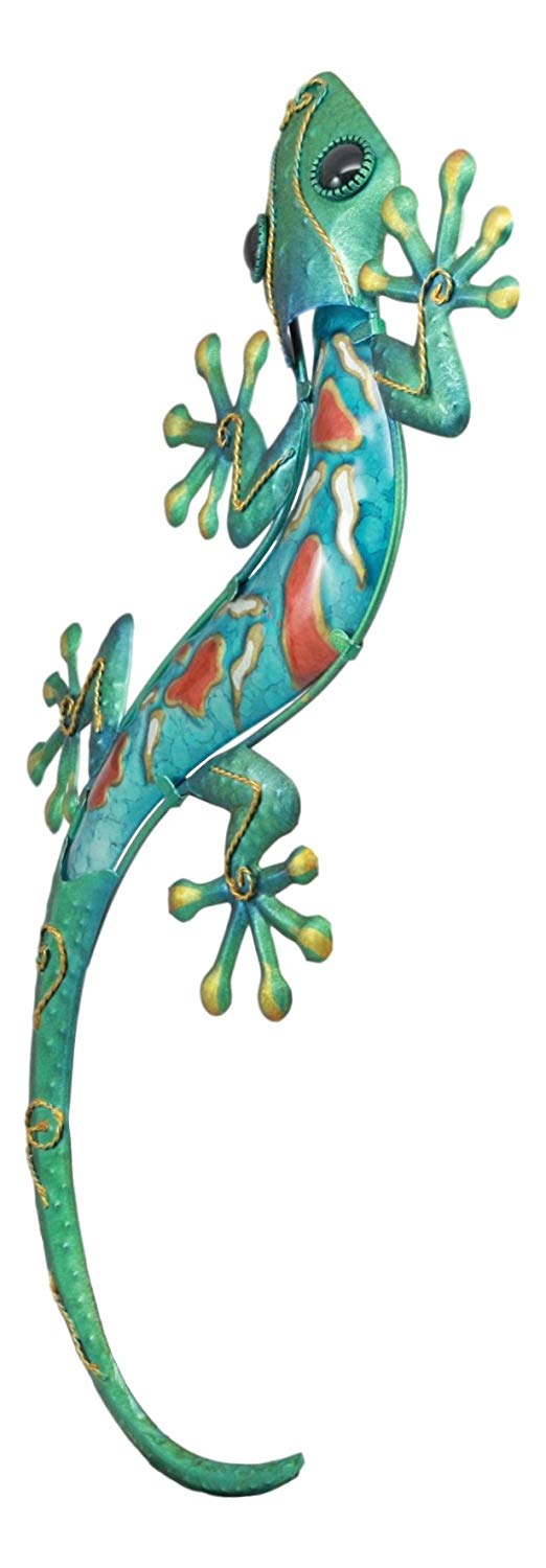 Ebros Crawling Green Metal Lizard Gecko With Blue Glass Body Wall Decor 18.5"L