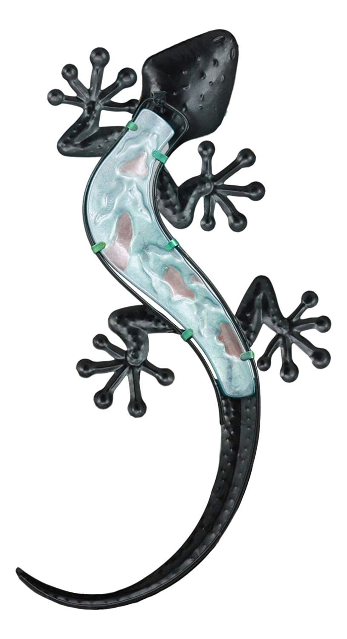 Ebros Crawling Green Metal Lizard Gecko With Blue Glass Body Wall Decor 18.5"L