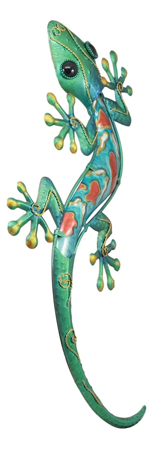 Ebros Crawling Green Metal Lizard Gecko With Blue Glass Body Wall Decor 18.5"L