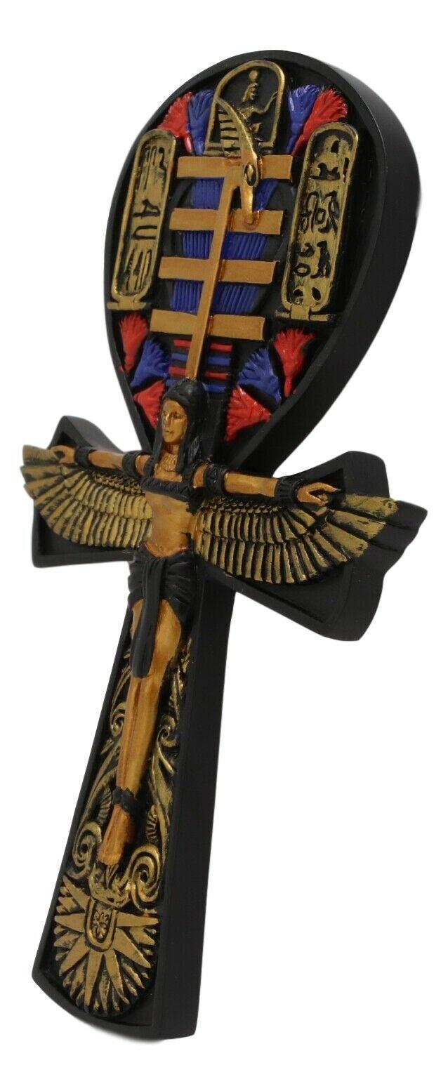 Ebros Crux Ansata Egyptian Ankh Of Isis With Open Wings And Cartouche Hieroglyphs Wall Decor Accent 3D Plaque Figurine 7.5" High Symbol Of Life And Balance Gods Of Egypt (Colorful Black And Gold)