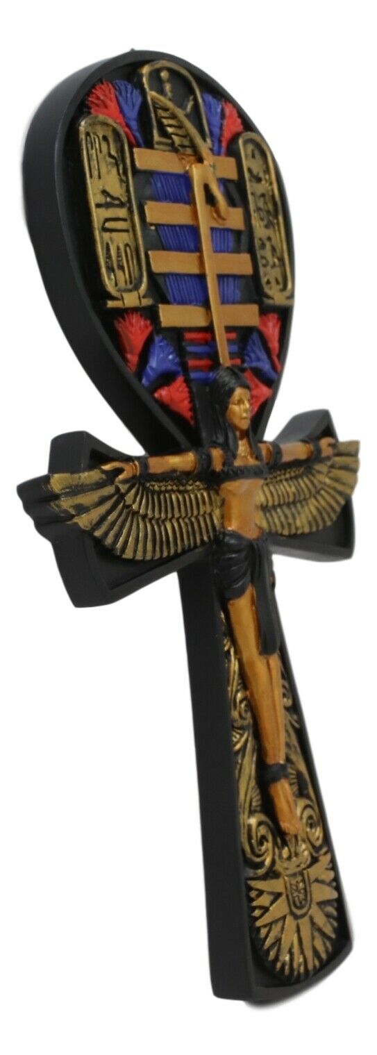 Ebros Crux Ansata Egyptian Ankh Of Isis With Open Wings And Cartouche Hieroglyphs Wall Decor Accent 3D Plaque Figurine 7.5" High Symbol Of Life And Balance Gods Of Egypt (Colorful Black And Gold)