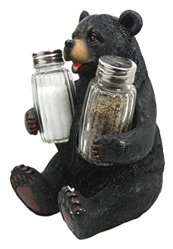 Ebros Cuddling Black Teddy Bear Salt And Pepper Shakers Holder Figurine 7" Tall With Glass Shakers