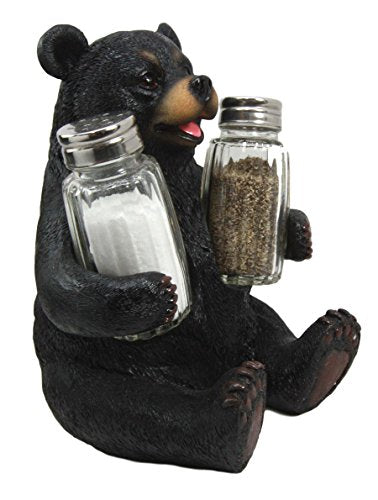 Ebros Cuddling Black Teddy Bear Salt And Pepper Shakers Holder Figurine 7" Tall With Glass Shakers