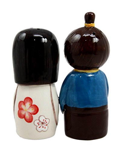 Ebros Cultural Asia Japanese Kokeshi Couple Ceramic Magnetic Salt Pepper Shakers Set
