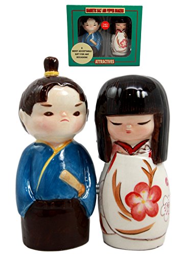 Ebros Cultural Asia Japanese Kokeshi Couple Ceramic Magnetic Salt Pepper Shakers Set