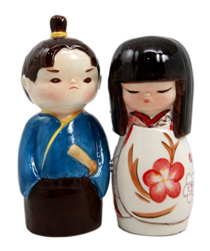 Ebros Cultural Asia Japanese Kokeshi Couple Ceramic Magnetic Salt Pepper Shakers Set