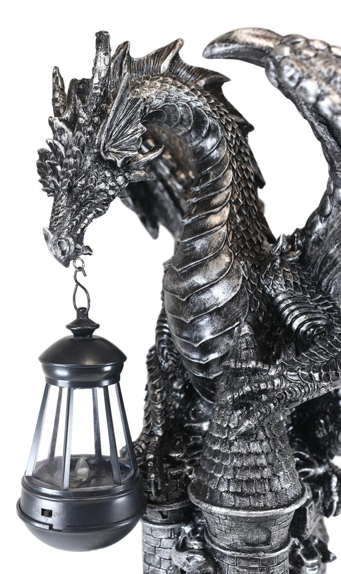 Ebros Dark Beacon Dragon Guardian Of Styx Castle Gate Statue W/ Solar LED Light