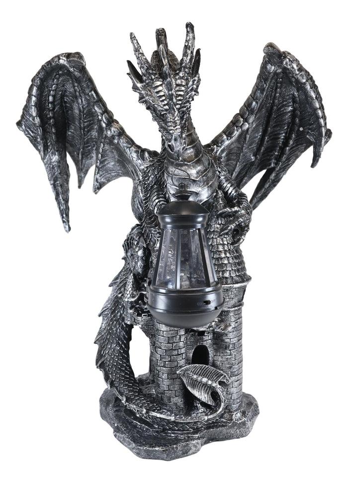Ebros Dark Beacon Dragon Guardian Of Styx Castle Gate Statue W/ Solar LED Light