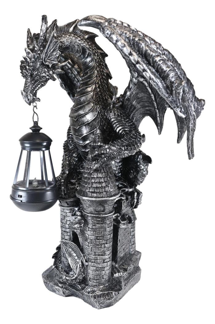Ebros Dark Beacon Dragon Guardian Of Styx Castle Gate Statue W/ Solar LED Light