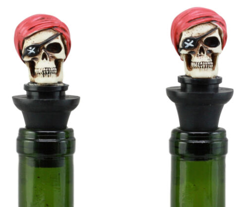 Ebros Day Of The Dead Captain Hook Pirate Skull With Red Bandanna Wine Stoppers Set Of 2 Collectible Figurine Bottle Toppers Kitchen Accessory Buccaneer Pirates