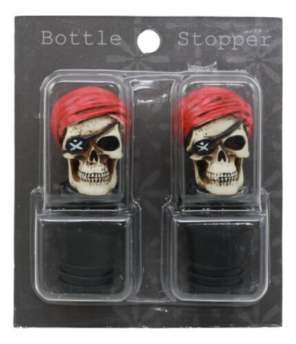 Ebros Day Of The Dead Captain Hook Pirate Skull With Red Bandanna Wine Stoppers Set Of 2 Collectible Figurine Bottle Toppers Kitchen Accessory Buccaneer Pirates