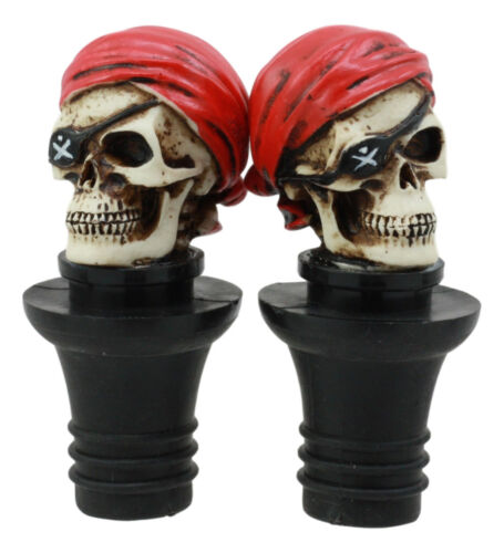 Ebros Day Of The Dead Captain Hook Pirate Skull With Red Bandanna Wine Stoppers Set Of 2 Collectible Figurine Bottle Toppers Kitchen Accessory Buccaneer Pirates