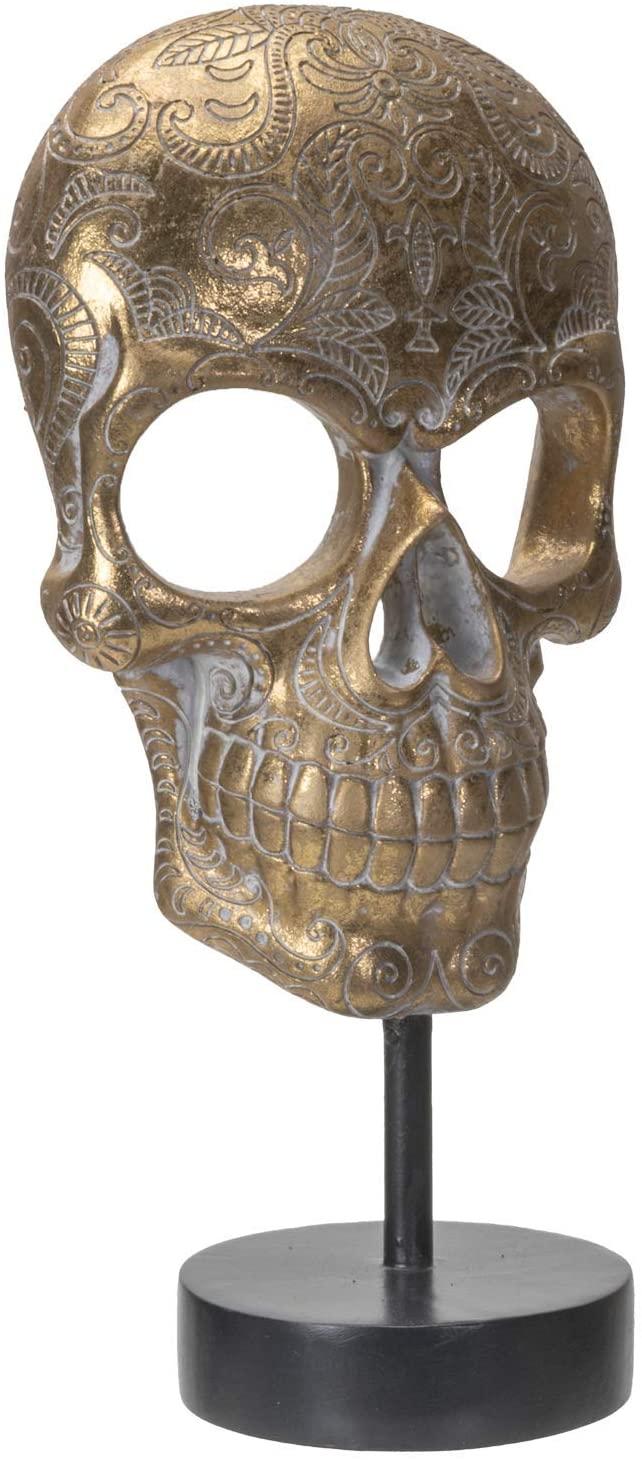 Ebros Day Of The Dead Engraved Golden Resin Skull Front With Base And Stand 11"H
