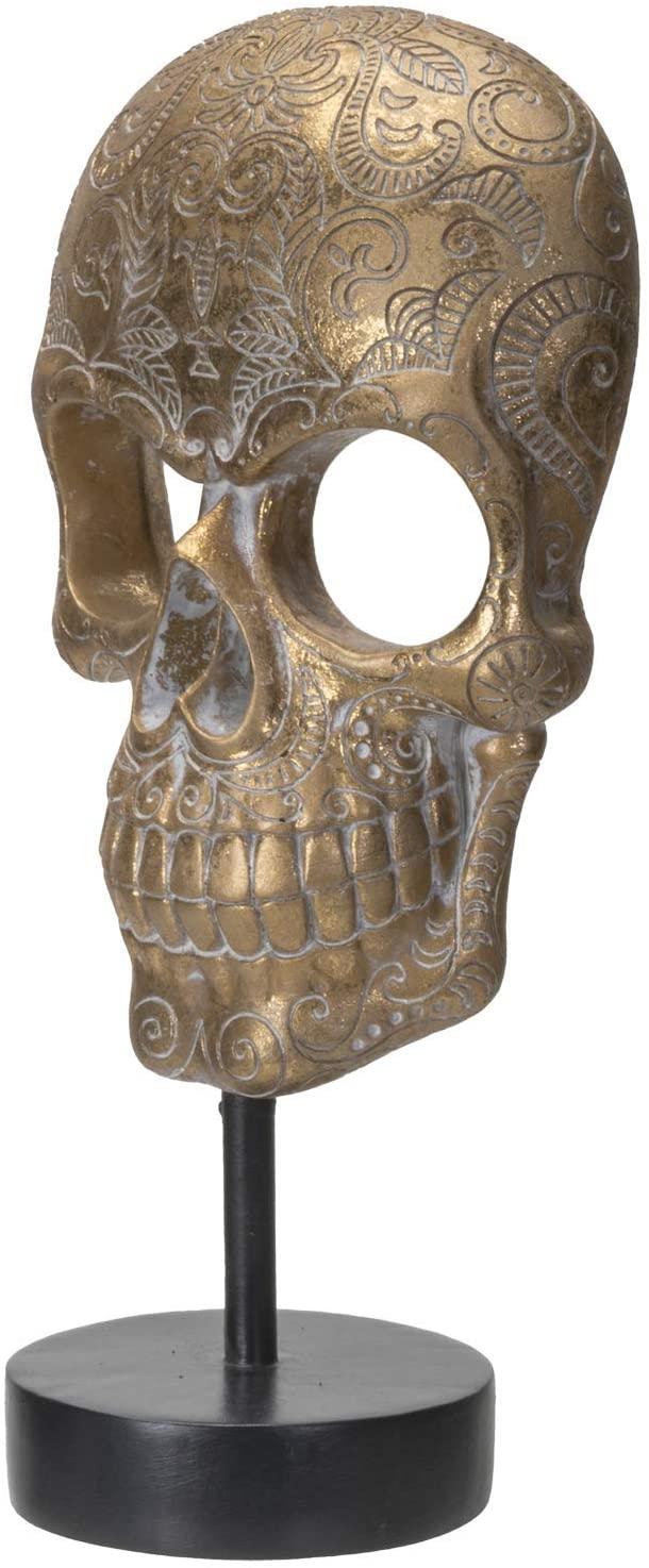 Ebros Day Of The Dead Engraved Golden Resin Skull Front With Base And Stand 11"H