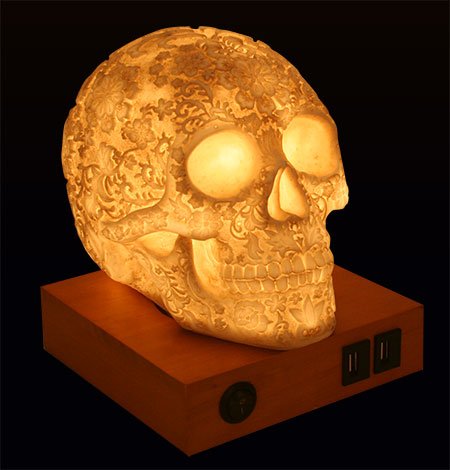 Ebros Day Of The Dead Floral Skull Side Table LED Night Light Statue With Two USB Charging Dock On Wood Base