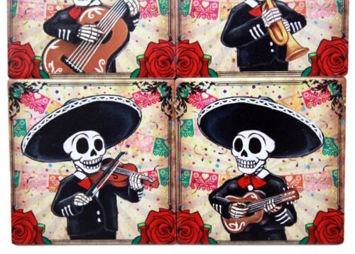 Ebros Day Of The Dead Skeleton Mariachi Band Coaster Set Of Four Ceramic Tiles With Cork Backing Dias De Muertos Coasters