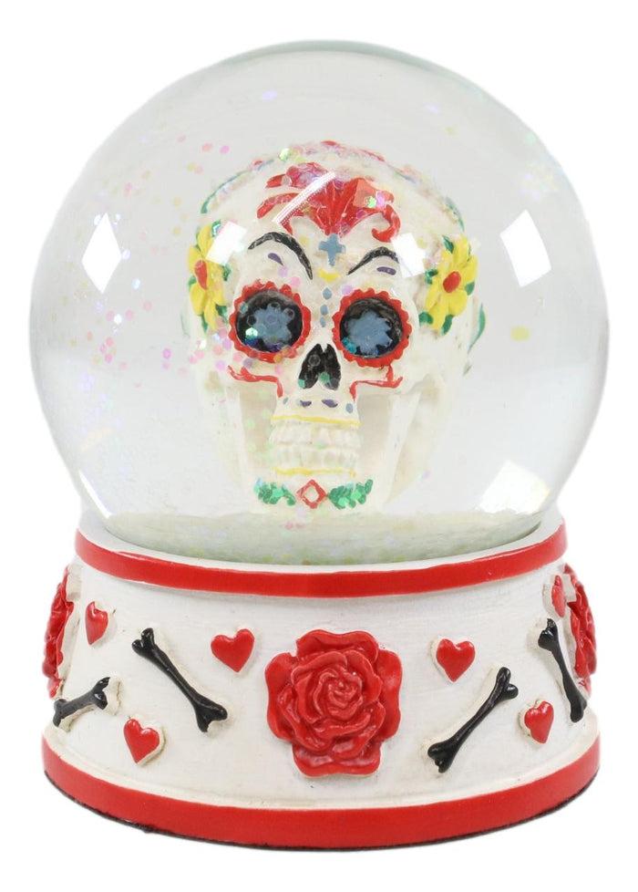 Ebros Day Of The Dead Sugar Skull Red Roses Bones Hearts Small Glitter Water Globe