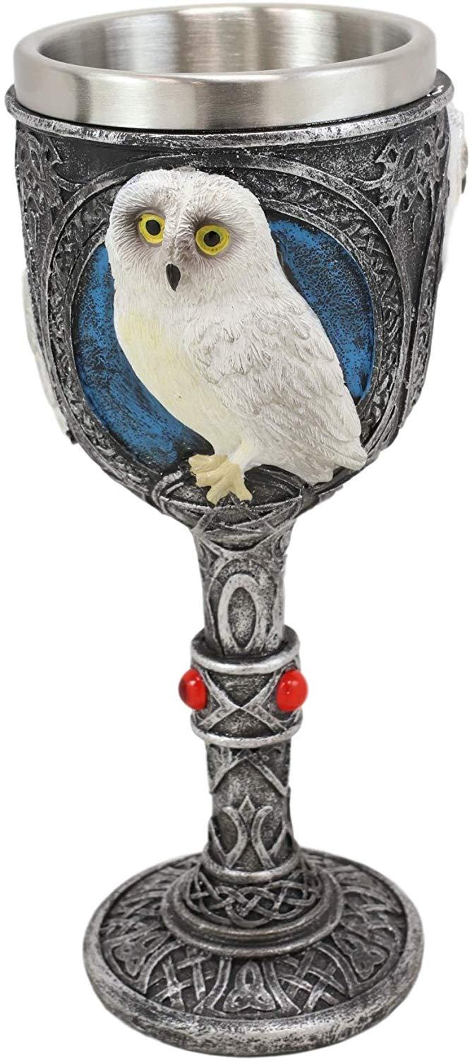 Ebros Dazed Snow White Owl With Celtic Tribal Tattoo Wine Goblet Chalice 7.25"H