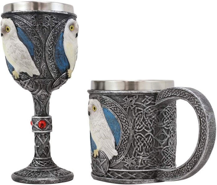 Ebros Dazed Snow White Owl With Celtic Tribal Tattoo Wine Goblet And Mug Set