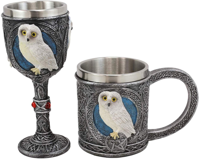 Ebros Dazed Snow White Owl With Celtic Tribal Tattoo Wine Goblet And Mug Set